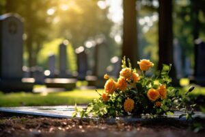 A small group gathered in a living room around a table with candles, photos, and flowers, sharing memories together.
