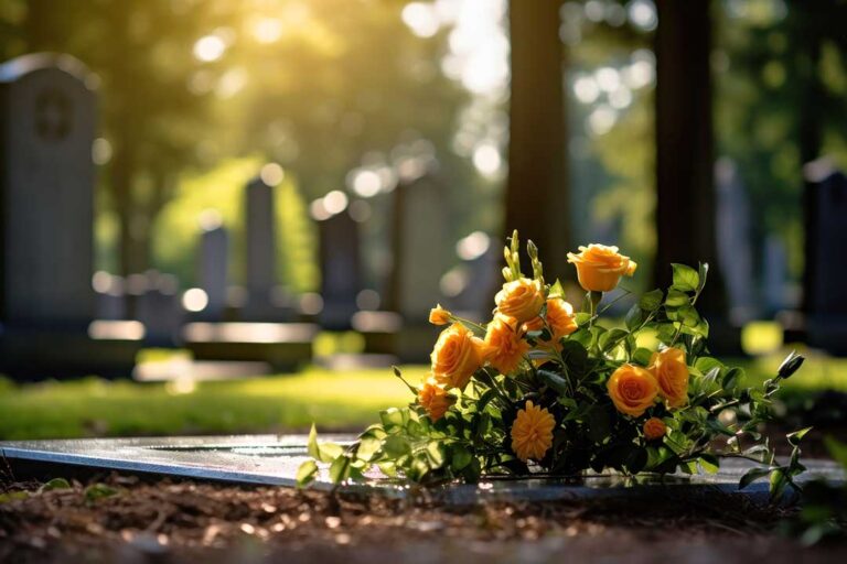 A small group gathered in a living room around a table with candles, photos, and flowers, sharing memories together.